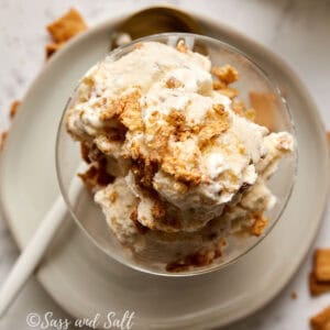 A glass bowl filled with creamy ice cream, topped with crumbled cereal flakes. The bowl is placed on a white plate with a gold spoon on the side. The background includes more scattered cereal flakes. The photo has a watermark in the corner that reads "Sass and Salt.