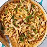 A skillet filled with creamy pasta mixed with sliced chicken strips, sun-dried tomatoes, and fresh basil leaves, with a spoon resting in the dish. The pasta is coated in a sauce and garnished with herbs.