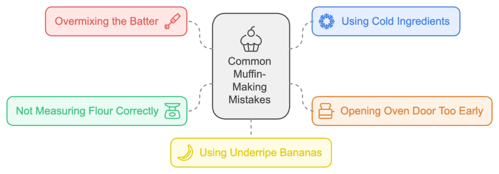 Infographic titled "Common Muffin-Making Mistakes" featuring five errors: overmixing the batter, using cold ingredients, not measuring flour correctly, opening oven door too early, and using underripe bananas. Each is paired with a relevant icon.