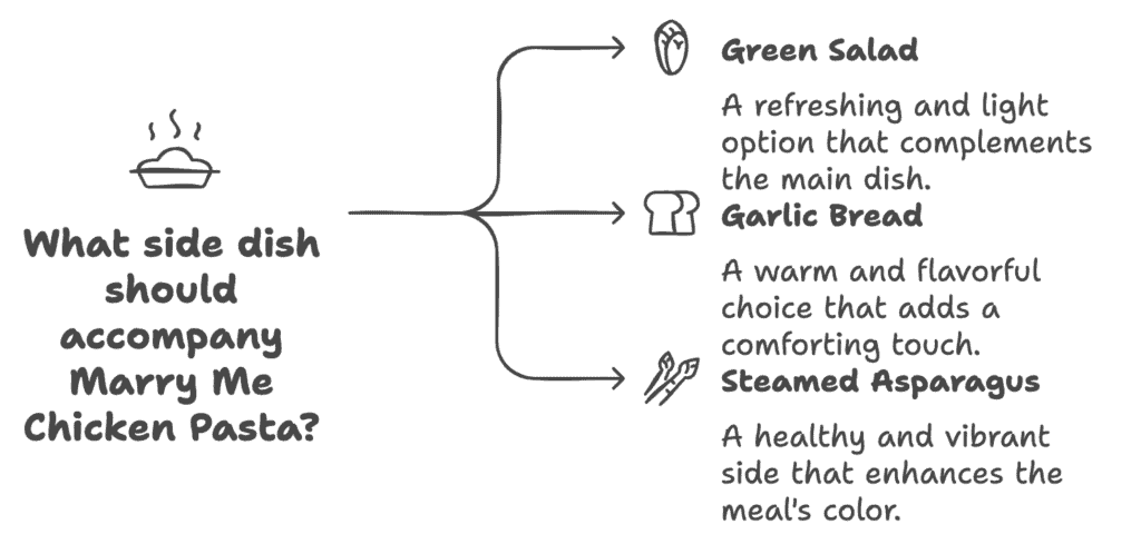 Flowchart suggesting side dishes for Marry Me Chicken Pasta: green salad (refreshing), garlic bread (warm and flavorful), and steamed asparagus (healthy and vibrant).