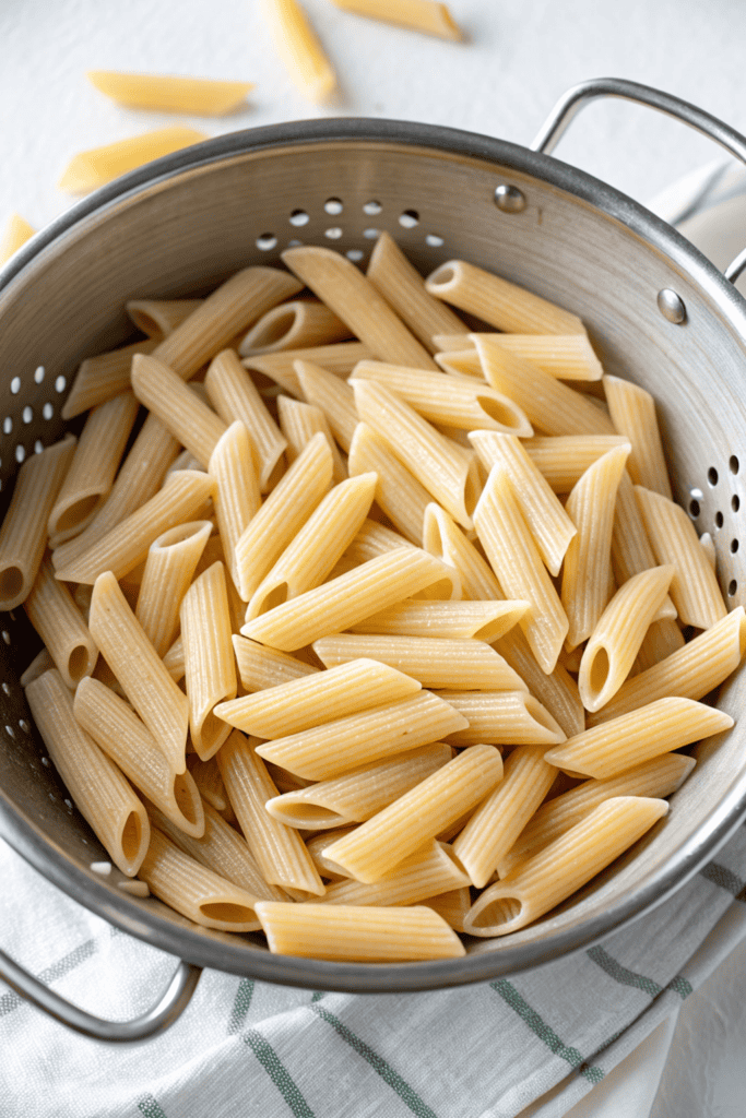 A colander filled with cooked penne pasta, resting on a white and green checkered cloth. 