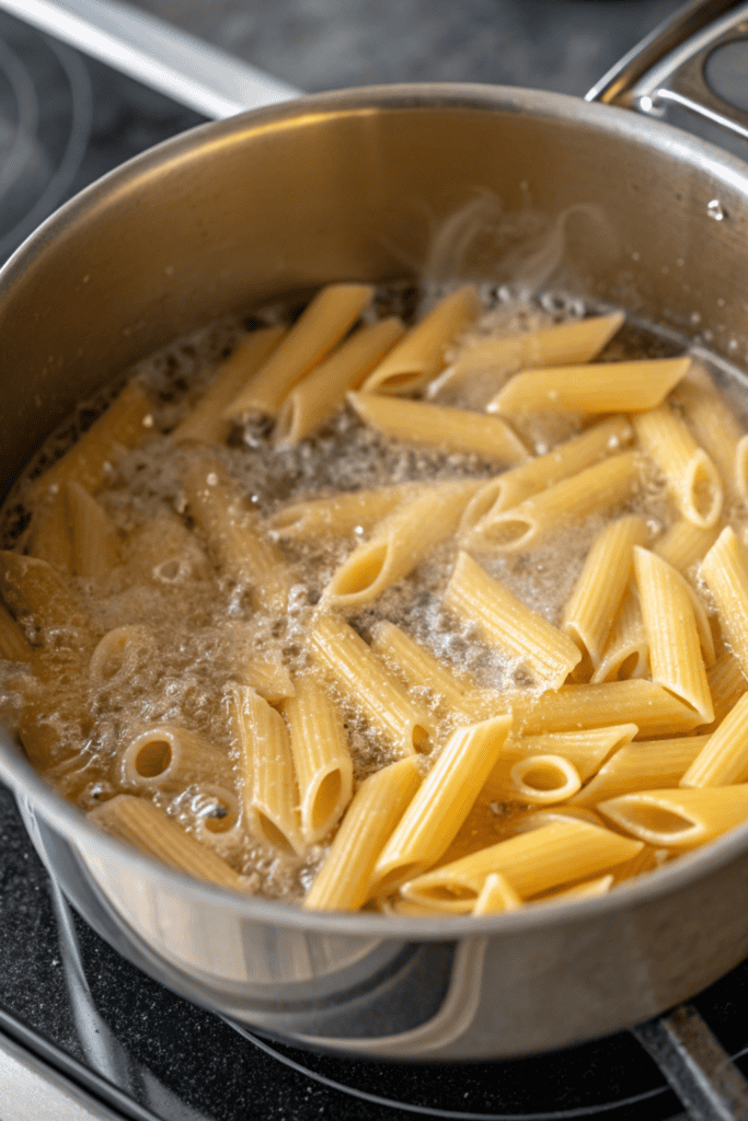 A pot of penne pasta boiling on a stovetop, with bubbles rising in the water. The pasta is partially submerged, and steam is visible above the pot. Silver pot rests on a black burner.