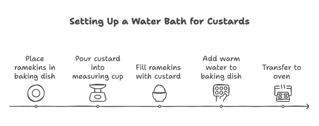 A step-by-step guide to setting up a water bath for custards: Place ramekins in dish, pour custard into measuring cup, fill ramekins, add warm water to dish, and transfer to oven.