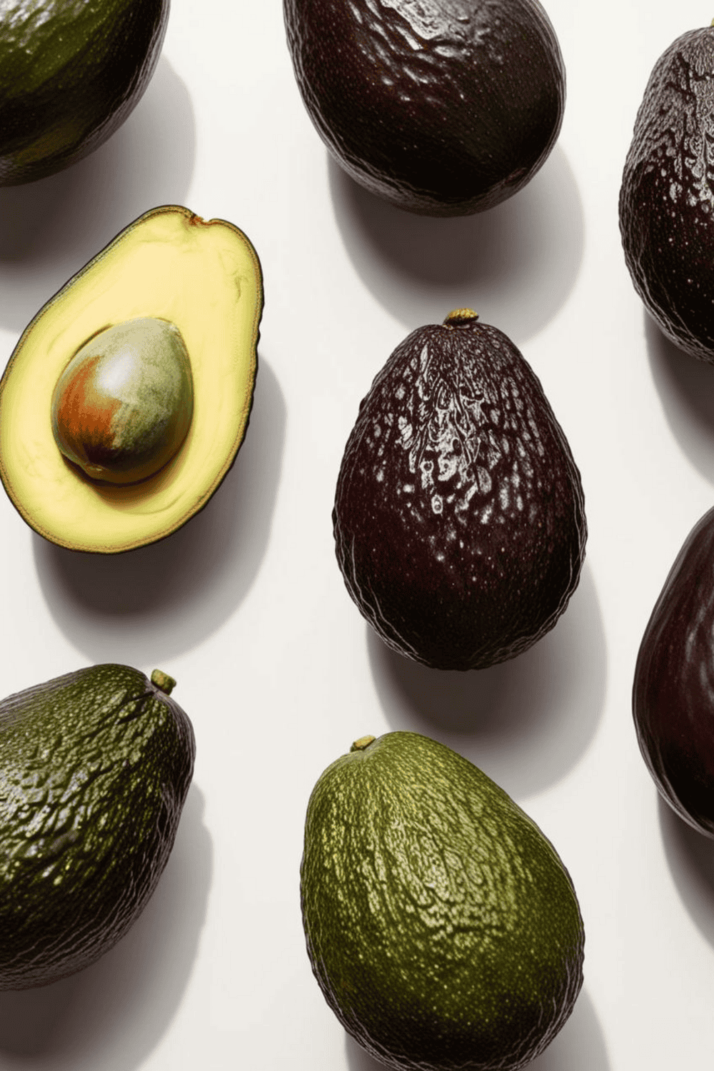 Several avocados are arranged on a white surface. The image includes whole avocados with dark, textured skin and one cut in half, revealing the smooth, light green flesh and seed inside.