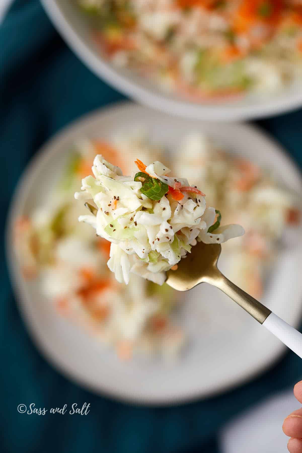 Close-up of a fork holding a bite of coleslaw with cabbage, carrots, and green onions. The dish is on a blurred plate in the background, set on a teal cloth. The coleslaw appears creamy and speckled with black pepper.
