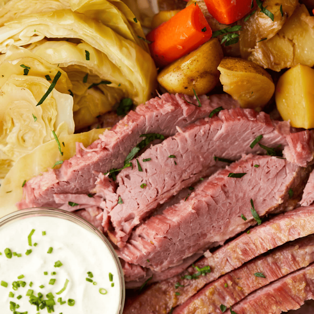 A plate of sliced corned beef garnished with herbs, served with boiled cabbage, carrots, and potatoes. A small dish of creamy sauce topped with chopped chives is on the side.