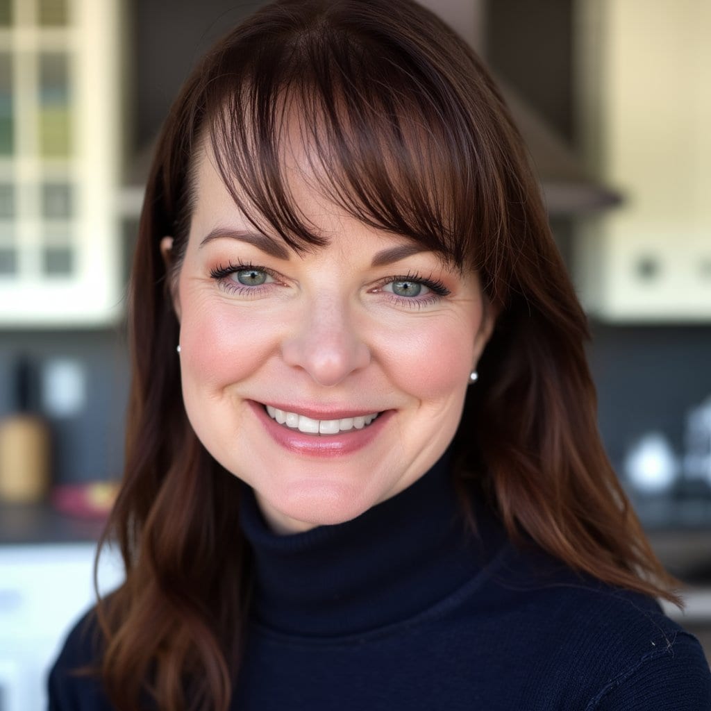 A woman with straight brown hair and bangs smiles warmly, wearing a dark turtleneck sweater. She is indoors, with a modern kitchen featuring cabinets and a range hood blurred in the background.