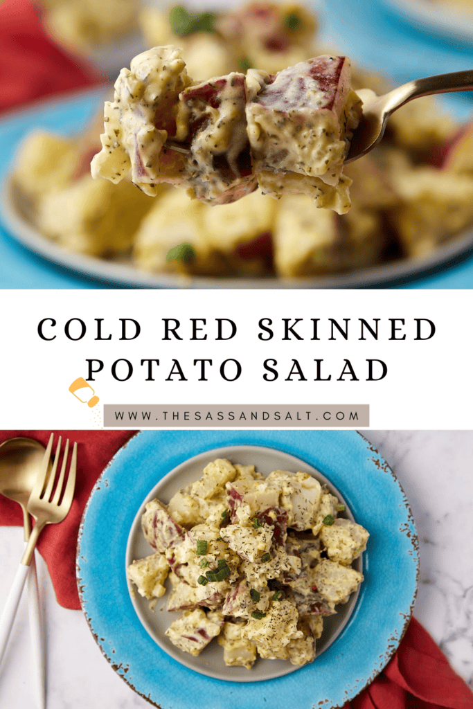 A fork holds a bite of creamy red-skinned potato salad above a blue plate filled with the same salad. Text reads: “Cold Red Skinned Potato Salad.” A second image shows the salad served on a blue plate with a gold fork and red napkin.