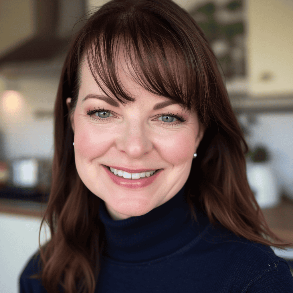 A woman with long brown hair and bangs, wearing a dark turtleneck, smiles warmly in a bright, modern kitchen setting.