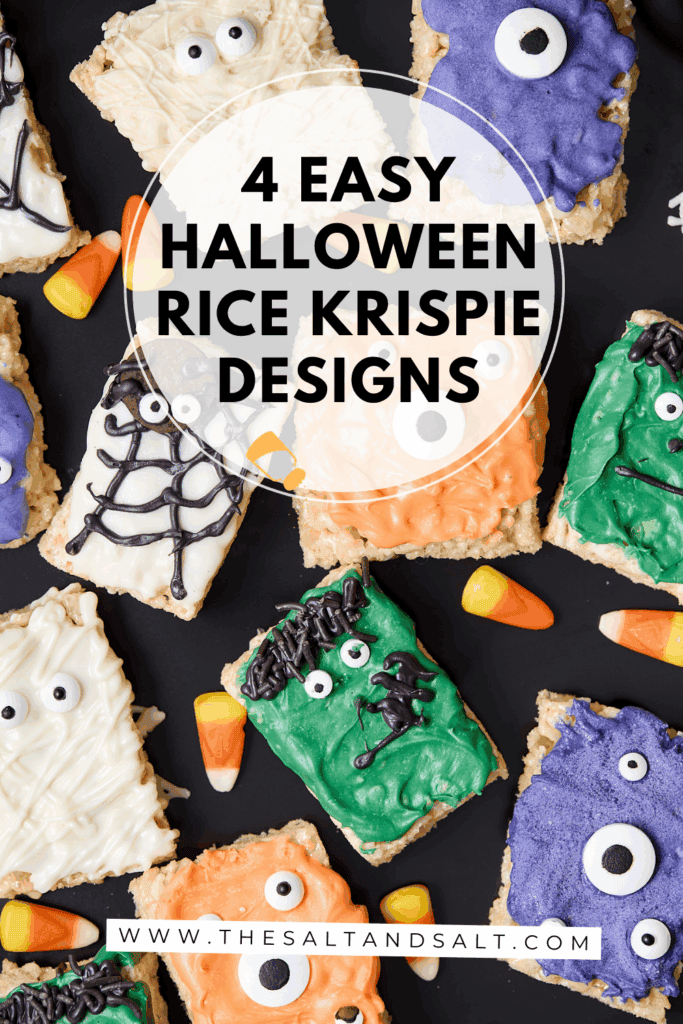 Rice Krispie treats decorated as Halloween monsters, spiders, and mummies in purple, green, white, and orange frosting with candy eyes, surrounded by candy corn. Text reads "4 Easy Halloween Rice Krispie Designs.