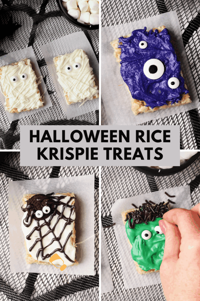 Rice Krispie treats decorated for Halloween, styled as a white mummy, purple one-eyed monster, black spider web, and green monster, with a hand adding chocolate hair. Text reads “Halloween Rice Krispie Treats.”.