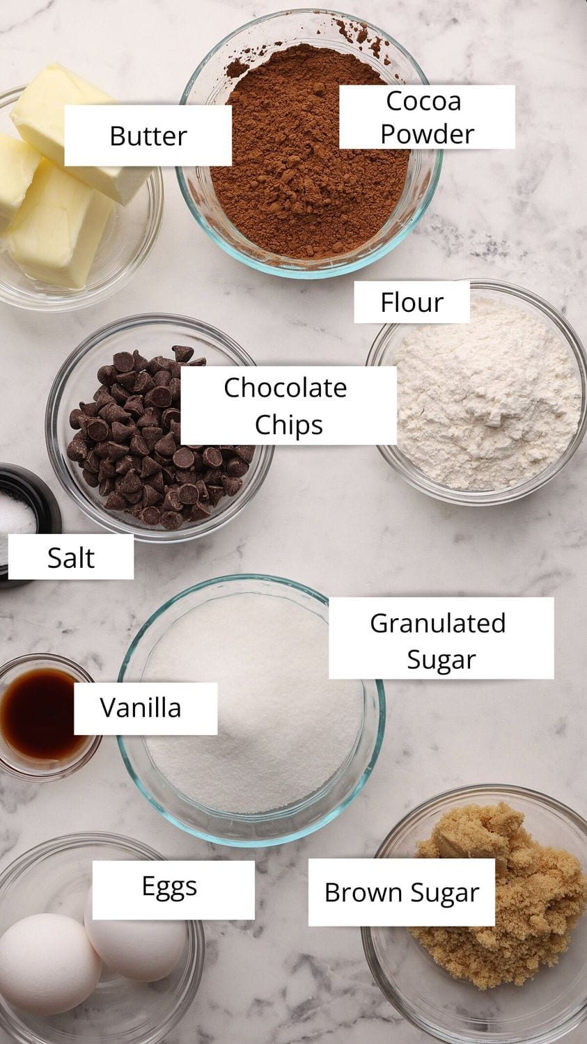 Top-down view of labeled baking ingredients in glass bowls on a marble surface: butter, cocoa powder, flour, chocolate chips, brown sugar, granulated sugar, vanilla, eggs, and a small dish of salt.