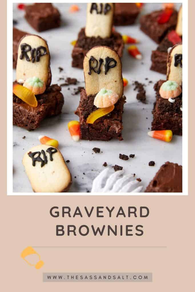 Brownie graveyard treats: Brownies decorated as graves with cookie tombstones labeled "RIP," candy pumpkins, and candy corn, arranged on parchment paper. Text below reads "GRAVEYARD BROWNIES" with a website link.