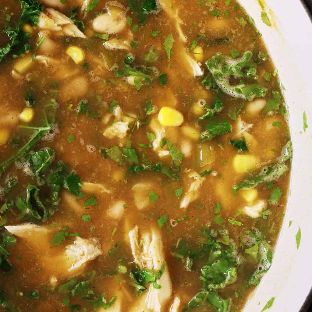 Close-up of a hearty soup containing shredded turkey, white beans, corn, chopped kale, and fresh herbs in a flavorful broth.