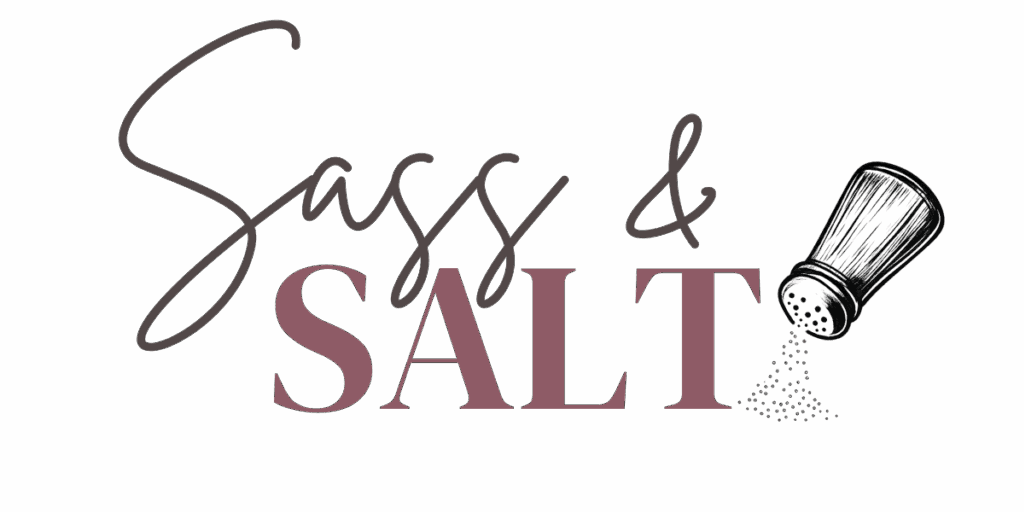 Brand board for “Sass & Salt” with the main logo, sub logos, a color palette of mauve, pink, gray, tan, and cream, plus styled images and cards featuring the brand’s handwritten and serif fonts with a salt shaker graphic.