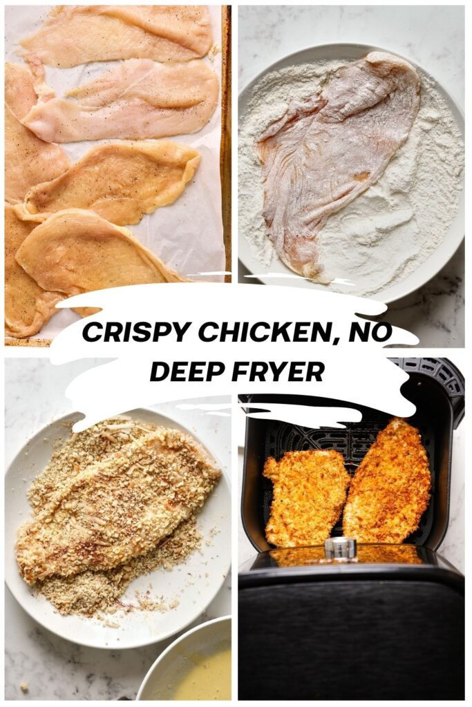 Four-step collage showing seasoned raw chicken, chicken coated in flour, then in breadcrumbs, and finally two breaded chicken pieces cooking in an air fryer basket. Text reads: “CRISPY CHICKEN, NO DEEP FRYER.”.