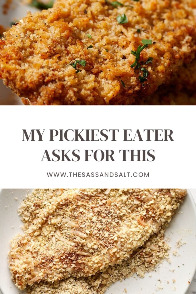 A piece of golden, crispy-breaded chicken garnished with herbs is shown above, with a plate of uncooked, breaded chicken below. Text in the center reads, "My pickiest eater asks for this.