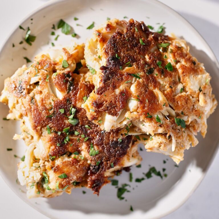 Two golden-brown crab cakes garnished with chopped parsley, served on a white plate, with a crispy exterior and visible chunks of crab meat.