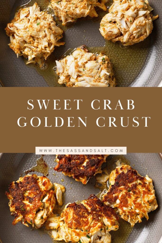 Four homemade golden-brown crab cakes sizzling in a frying pan, shown before and after browning. Text overlay reads “Sweet Crab Golden Crust” with a website link, on a tan background.