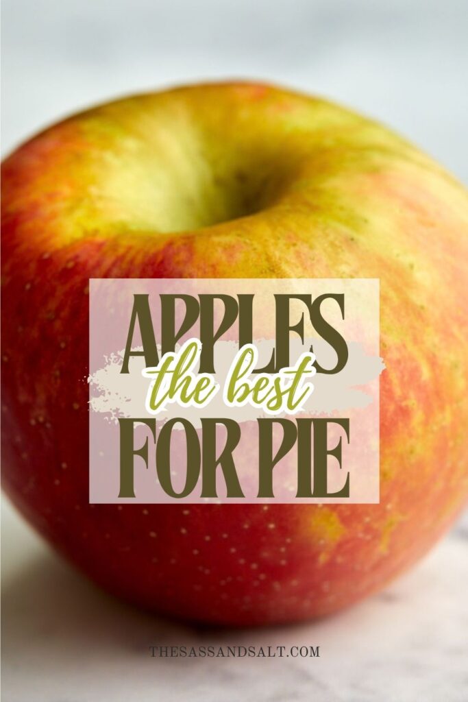 A close-up of a red and yellow apple with text overlay saying “Apples the best for pie.” The background is out of focus, highlighting one of the best apples for pie.