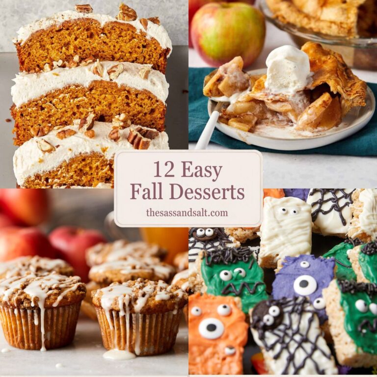 Collage of fall desserts including pumpkin loaf with pecans, apple pie with ice cream, muffins with glaze, and monster-themed rice cereal treats, with the text “12 Easy Fall Desserts” in the center.